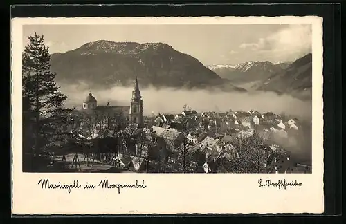 AK Mariazell, Ortschaft im Morgennebel