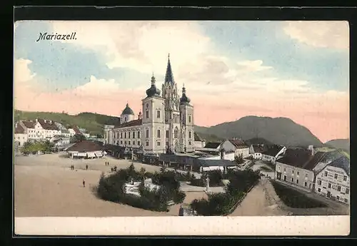 AK Mariazell, Gnadenkirche mit Anlagen im Abendrot