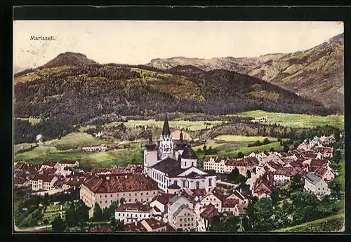 Künstler-AK Mariazell, Gnadenkirche und Umgebung vor Bergpanorama