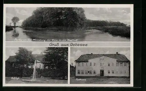 AK Gebesee, Partie an der Mündung der Gera, Schloss, Rathaus