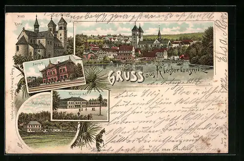 Lithographie Klosterlausnitz, Ortsansicht, Kirche, Bahnhof, Waldschlösschen, Friedrichs-Hof