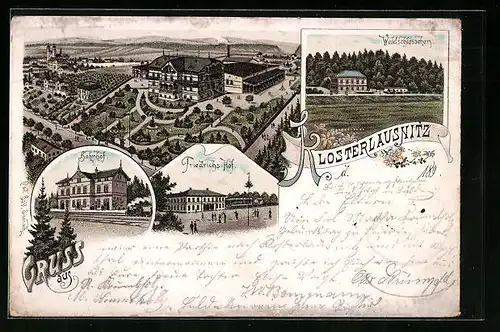 Lithographie Klosterlausnitz, Bahnhof, Friedrichs-Hof, Waldschlösschen