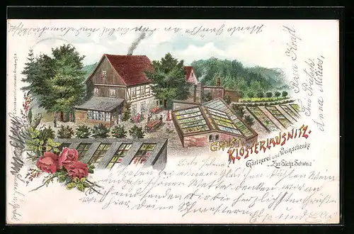 Lithographie Klosterlausnitz, Gärtnerei und Weinschenke Zur Sächsischen Schweiz