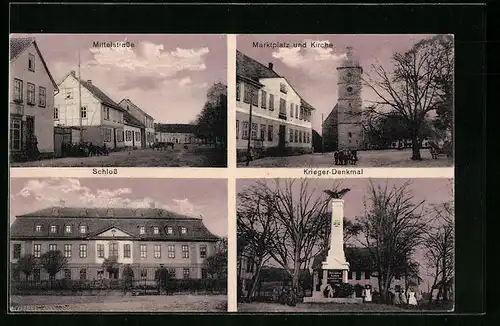 AK Gebesee, Mittelstrasse, Marktplatz und Kirche, Krieger-Denkmal, Schloss