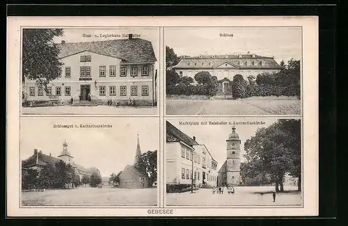 AK Gebesee, Gast- und Logierhaus Ratskeller, Schloss, Marktplatz mit Ratskeller u. Laurentiuskirche