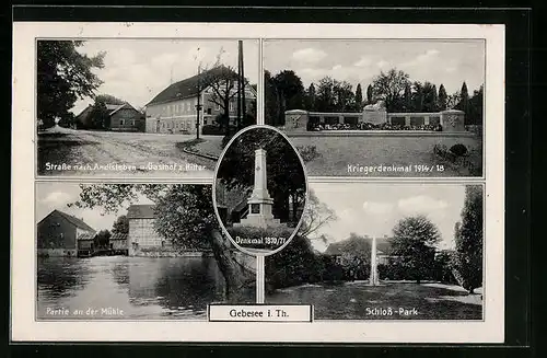 AK Gebesee i. Th., Kriegerdenkmal, Partie an der Mühle, Schloss-Park