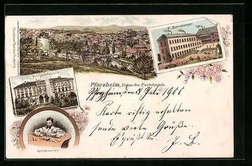 Lithographie Pforzheim, Ortsansicht, Kunstgewerbeschule, Goldschmied bei der Arbeit