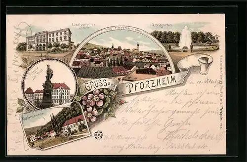 Lithographie Pforzheim, Ortsansicht, Kunstgewerbeschule, Stadtgarten, Kriegerdenkmal