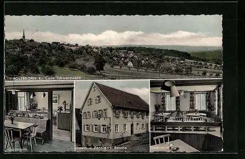 AK Holzbronn, Ortsansicht, Gasth. u. Pension z. Rössle mit Gastraum
