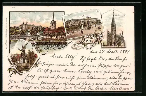 Lithographie Gera, Schloss Oslerstein, St. Johanniskirche, Bahnhof