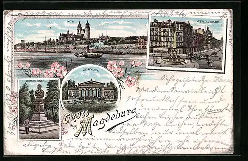 Lithographie Magdeburg, Dom, Hasselbachplatz, Herrenkrug