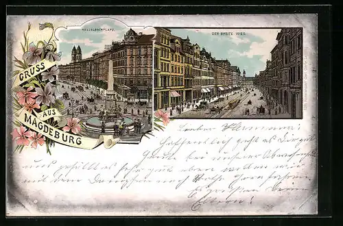 Lithographie Magdeburg, Hasselbachplatz und Breiter Weg mit Strassenbahnen