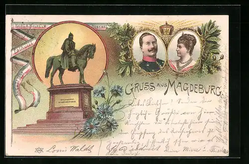 Lithographie Magdeburg, Kaiser-Wilhelm-Denkmal, enthüllt im August 1897, Porträts des Kaiserpaares