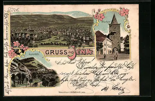 Lithographie Jena, Ortsansicht, Affenturm, Sophienhöhe