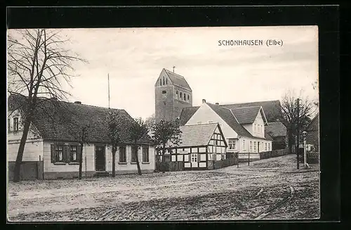 AK Schönhausen /Elbe, Ortspartie mit Kirche