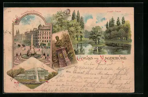 Lithographie Magdeburg, Insel-Teich, Hasselbach-Brunnen, Friesen-Denkmal