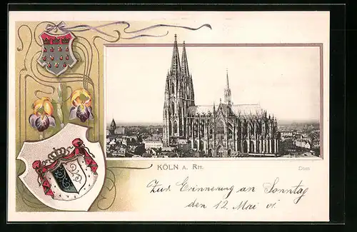 Passepartout-Lithographie Köln, Dom und Wappen