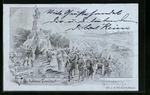 Künstler-AK National-Denkmal in Niederwald mit jubelnder Menge