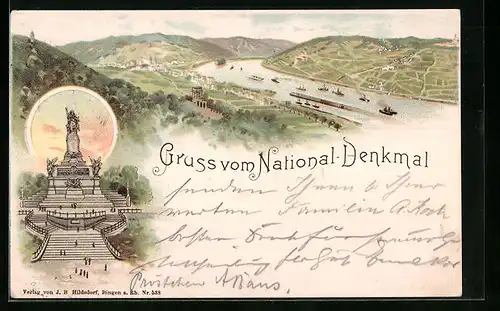 Lithographie National-Denkmal in Niederwald, Einzelansicht und Ansicht aus der Vogelschau