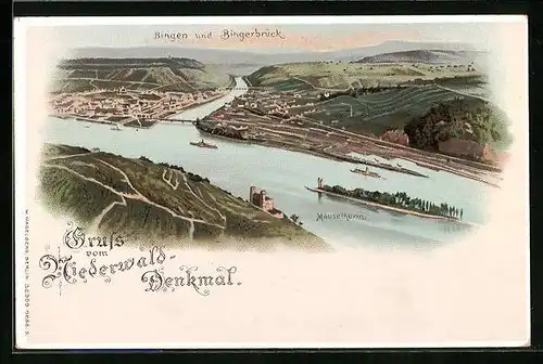 Lithographie Niederwald-Denkmal, Blick auf Rhein, Bingen und Bingerbrück