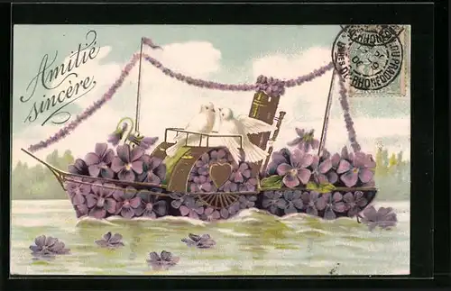 Präge-AK Dampfschiff aus Blumen mit turtelndem Taubenpaar