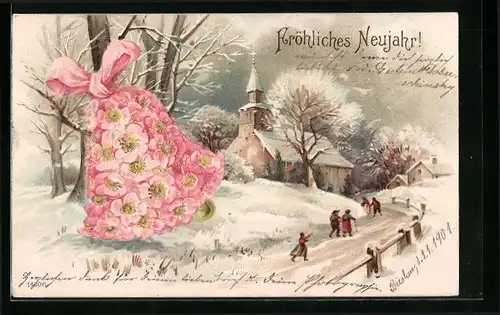 Künstler-AK Kirchgang - Glocke aus Blumen in Winterlandschaft