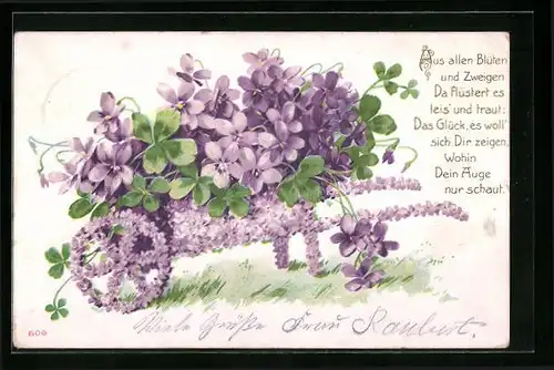 Präge-AK Karren mit violetten Blumen und Kleeblättern