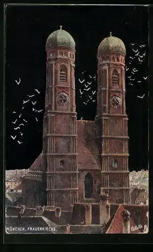 Künstler-AK München, Frauenkirche bei Nacht