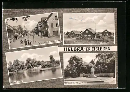 AK Helbra /Eisleben, Ehrenmahl der Märzgefallenen, Holzhaus-Siedlung