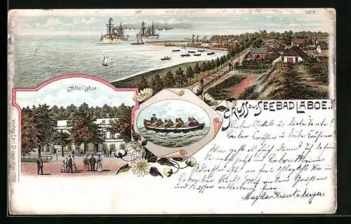 Lithographie Laboe, Hotel Laboe, Uferpartie mit Schiffen, Boot