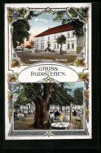 AK Rudisleben, Gasthaus Emil Hergt - Gebäude und Gastgarten