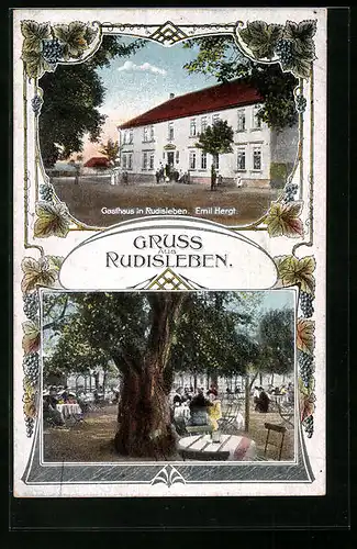 AK Rudisleben, Gasthaus Emil Hergt - Gebäude und Gastgarten mit altem Baum