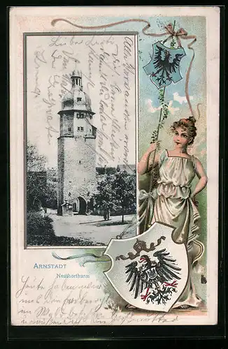 Passepartout-Lithographie Arnstadt, Neuthorturm, Junge Frau mit Wappenschild