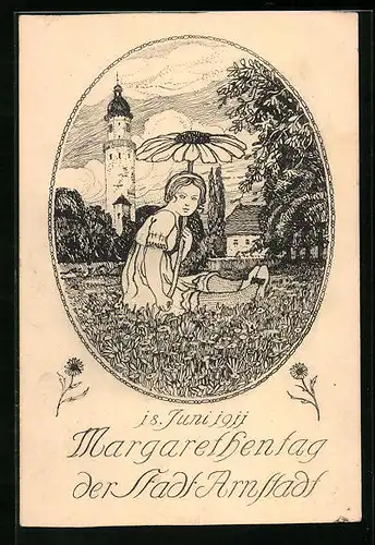 Künstler-AK Arnstadt, Mädchen mit riesiger Margerite auf einer Wiese - Margarethentag 1911