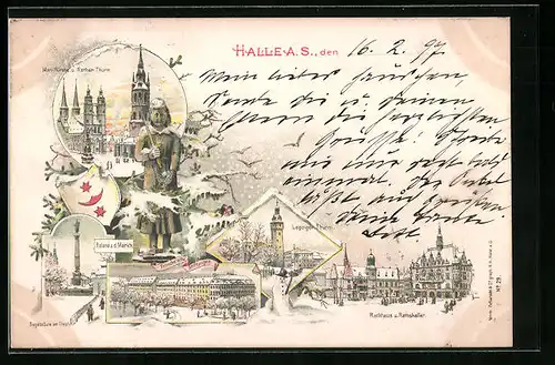 Winter-Lithographie Halle /Saale, Marktkirche und Rother-Thurm, Roland a. d. Markte, Rathhaus und Rathskeller
