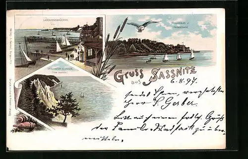 Lithographie Sassnitz, Wissower Klinken, Landungsbrücken, Damenbad und Promenade