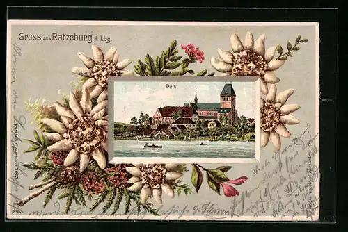Passepartout-Lithographie Ratzeburg i. Lbg., Blick vom Wasser zum Dom, Edelweiss