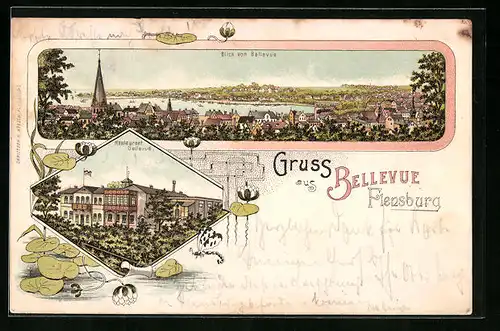 Lithographie Flensburg, Restaurant Bellevue, Panorama