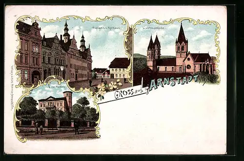 Lithographie Arnstadt, Postamt und Rathaus, Villa Marlitt