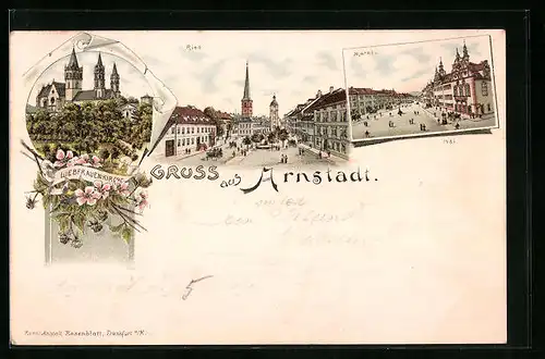 Lithographie Arnstadt, Marktplatz, Ried, Liebfrauenkirche