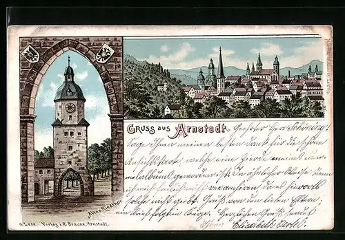 Lithographie Arnstadt, Altes Riedthor, Teilansicht der Stadt