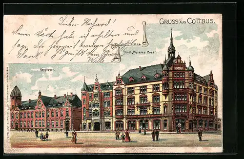 Lithographie Cottbus, Hotel Weisses Ross und Hauptpost