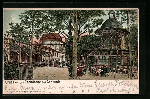 Lithographie Arnstadt, Gasthaus Eremitage mit Garten