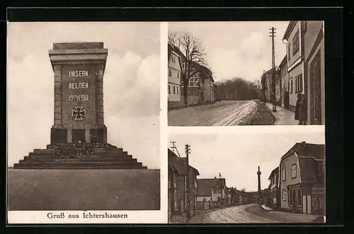 AK Ichtershausen, Kriegerdenkmal, Strassenansichten aus der Ortschaft