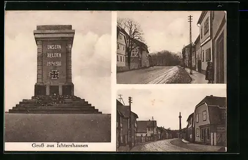 AK Ichtershausen, Kriegerdenkmal, Strassenansichten aus dem Ort