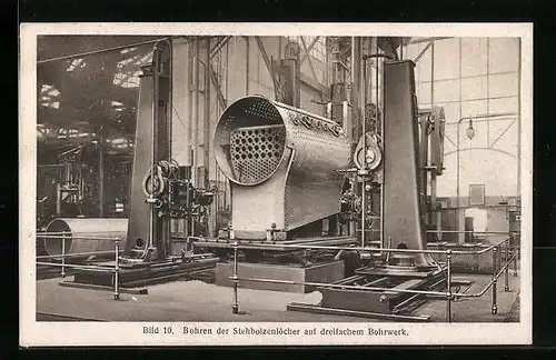 AK Hannover-Linden, Hanomag, Herstellung eines Lokomotivkessels, Bohren der Stehbolzenlöcher, Eisenbahn
