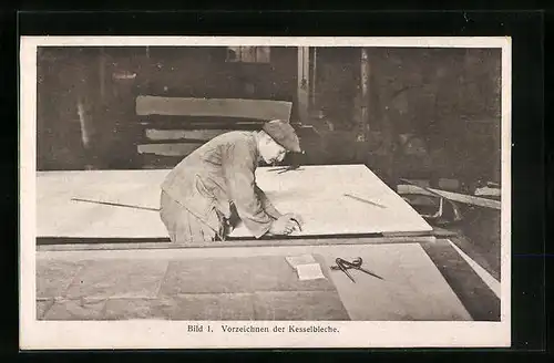AK Hannover-Linden, Hanomag, Fabrikarbeiter beim Vorzeichnen der Kesselbleche für einen Lokomotivkessel, Eisenbahn