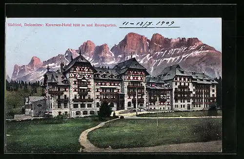 AK Karersee, Karersee-Hotel mit Rosengarten