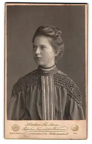 Fotografie Th. Joop, Bromberg, Wilhelmstr. 15, Portrait bildschönes Fräulein in bestickter Bluse