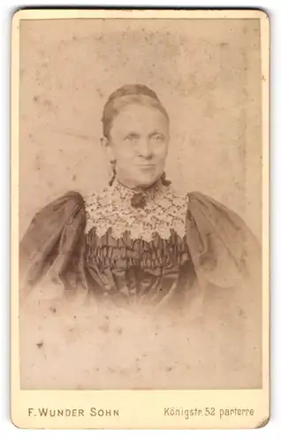Fotografie F. Wunder Sohn, Hannover, Königstr. 52, Portrait einer elegant gekleideten Frau mit Stickerei am Kleid
